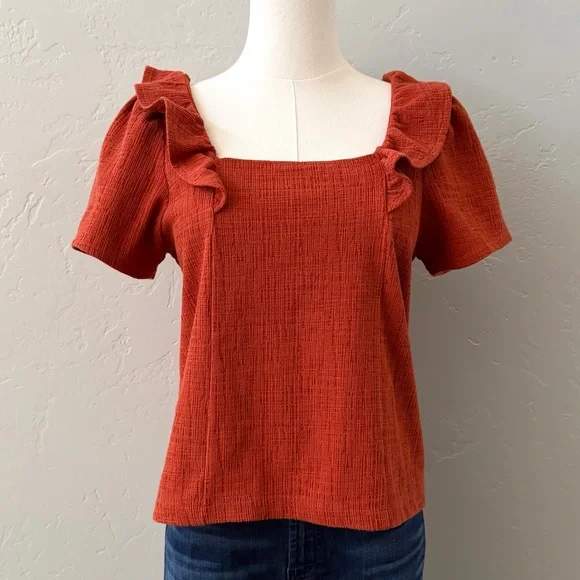 Madewell Ruffle Sleeve Top Rust Orange Square Neck Textured S - Picture 2 of 12
